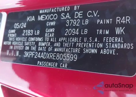 2024 Kia Forte Lxs z USA, uszkodzony, nr VIN 3KPF24ADXRE805599